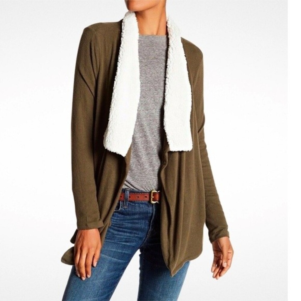 Susina Sherpa Collar Open Cardigan with Pockets Size XS Olive Green